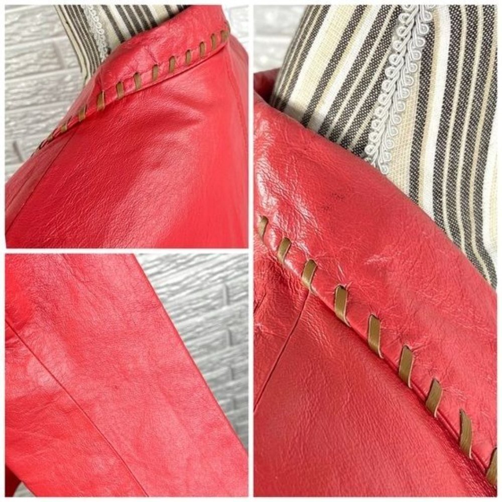 Vintage Metro Style Coral Genuine Leather Size 16 Tan Embroidered Trim - Picture 9 of 9